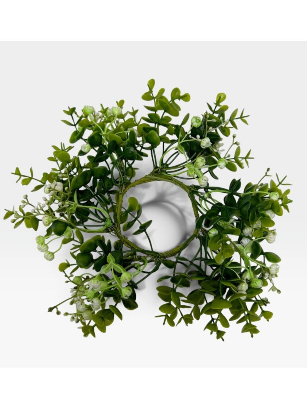 Set of 2 Faux Greenery Candle Rings Small Wreaths 9" Boxwood White Flowers